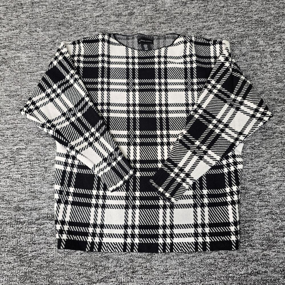 Adrienne Vittadini Plaid Sweater Women's M Black White Preppy Chic Relaxed